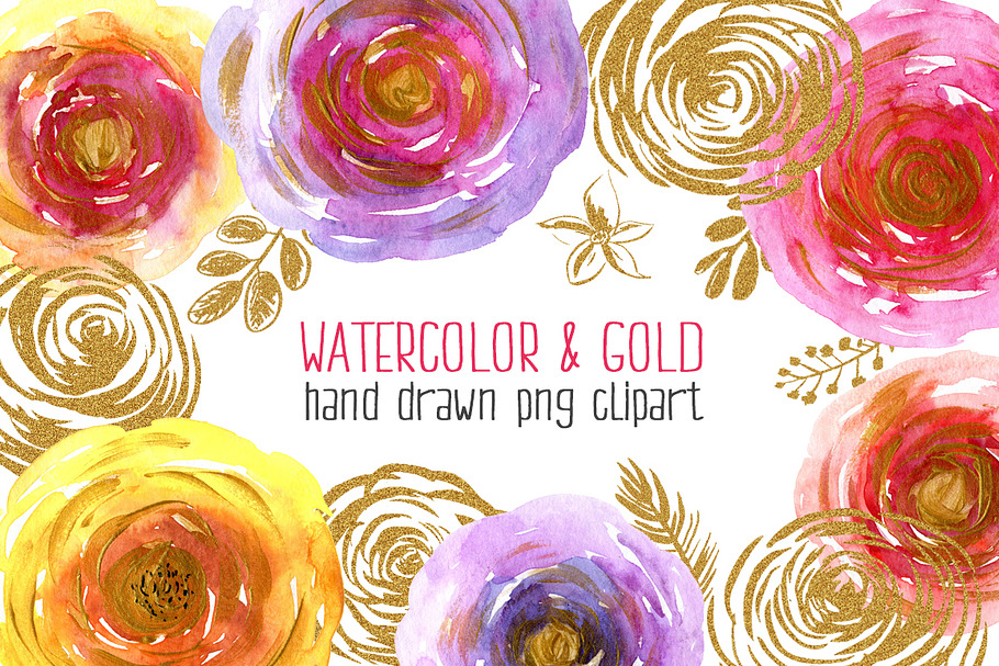 Watercolor & gold flowers, leaves in Graphics - product preview 8