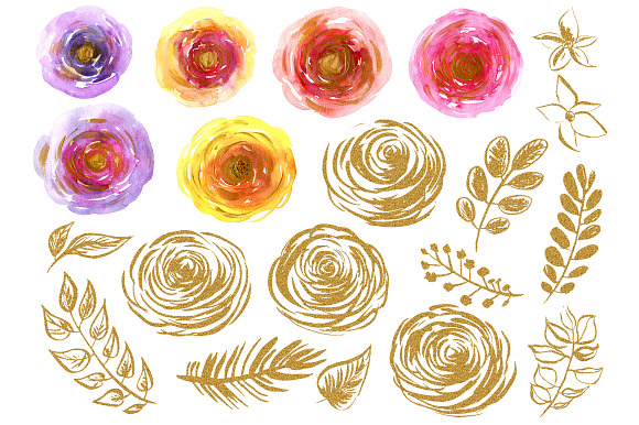 Watercolor & gold flowers, leaves in Graphics - product preview 1