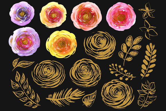 Watercolor & gold flowers, leaves in Graphics - product preview 2