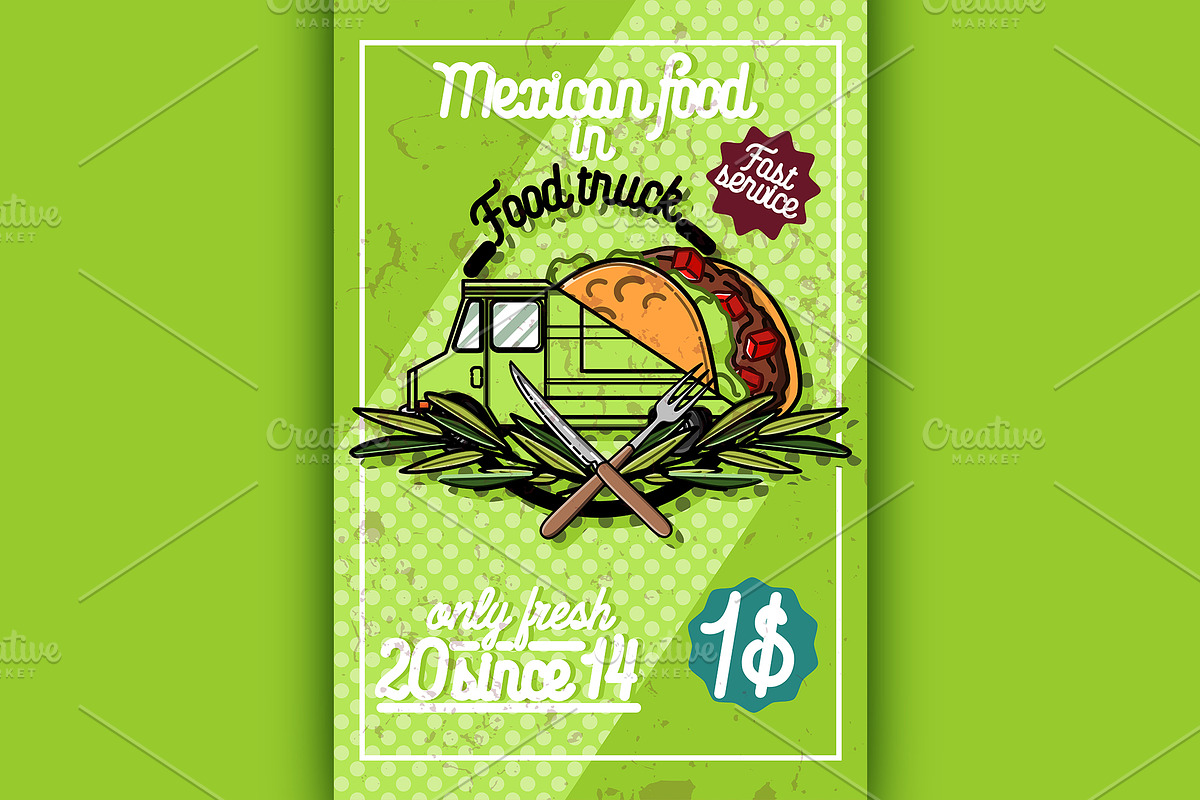 Color vintage Food truck poster in Illustrations - product preview 8