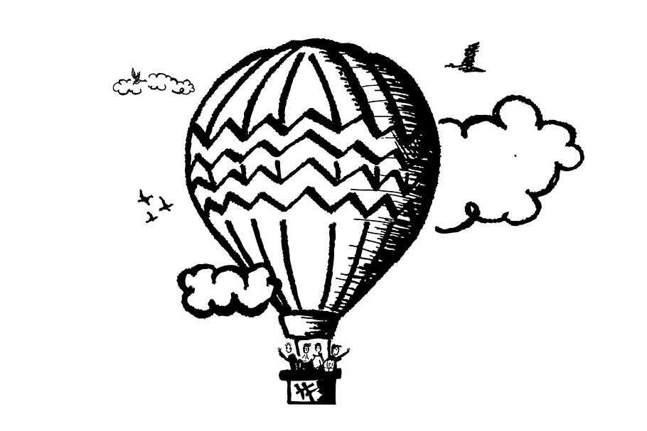 Hot Air Balloon Sketch Clouds Birds