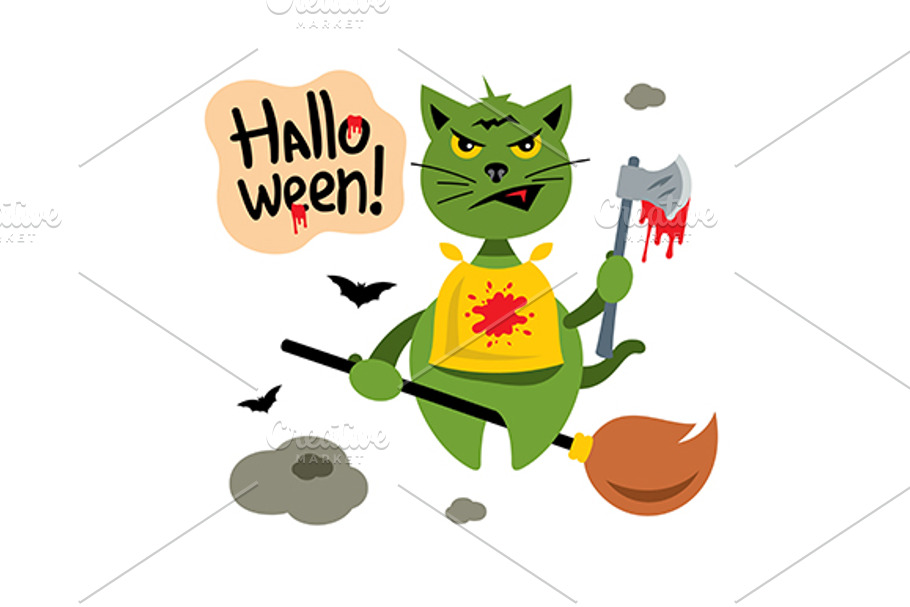 Halloween Cat on Broomstick in Illustrations - product preview 8