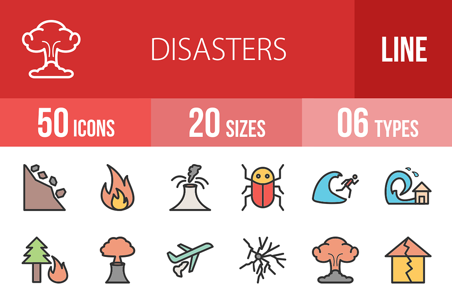 50 Disasters Line Filled Icons