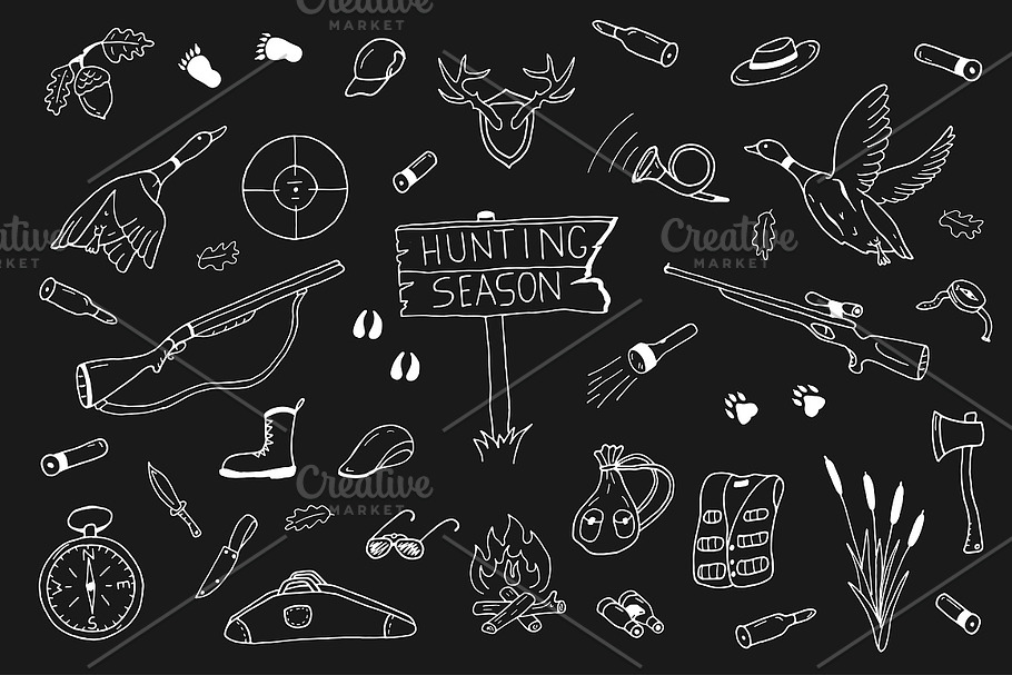 Hunting collection in doodle style