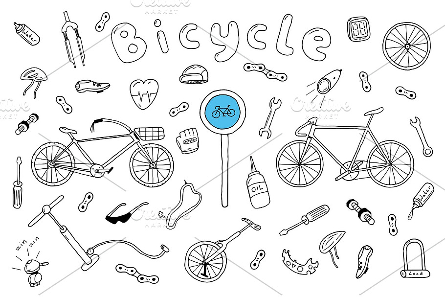 Bicycle collection in doodle style