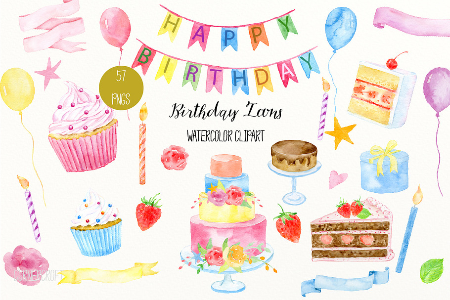 Watercolor Birthday Icons in Illustrations - product preview 8