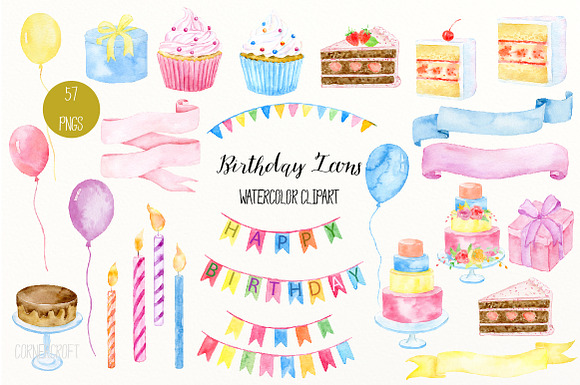 Watercolor Birthday Icons in Illustrations - product preview 1