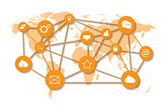 World map social media icons orange