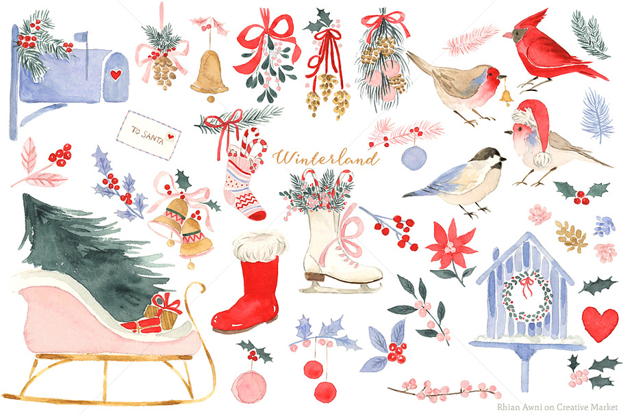 Watercolor Holiday Clipart Set