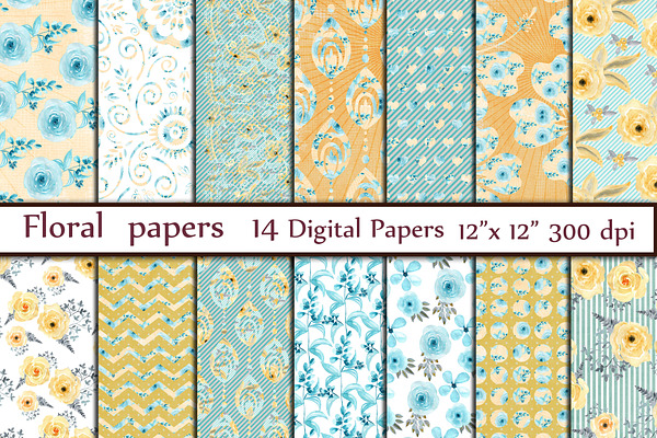 Mint digital floral paper pack