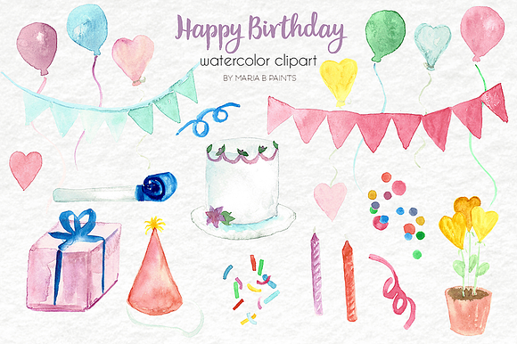 Watercolor Clip Art - Happy Birthday in Illustrations - product preview 1