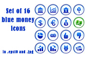 Set of 16 blue money icons