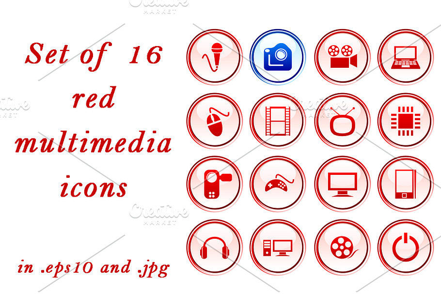 Set of 16 red multimedia icons in Graphics - product preview 8