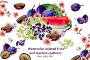 Set of watercolor fruits and flowers