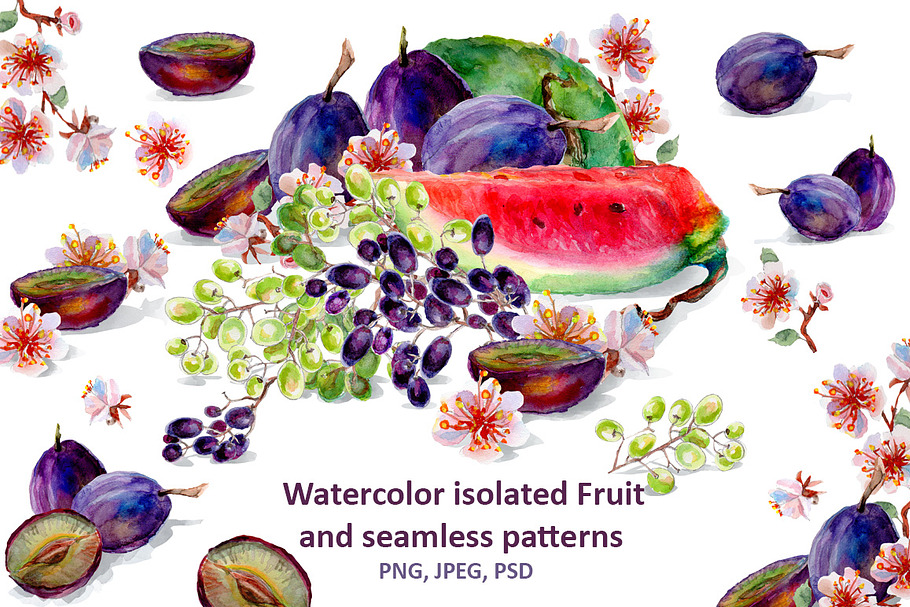 Set of watercolor fruits and flowers in Illustrations - product preview 8