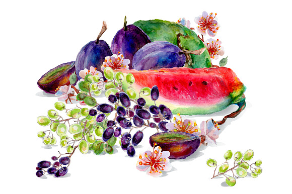 Set of watercolor fruits and flowers in Illustrations - product preview 2
