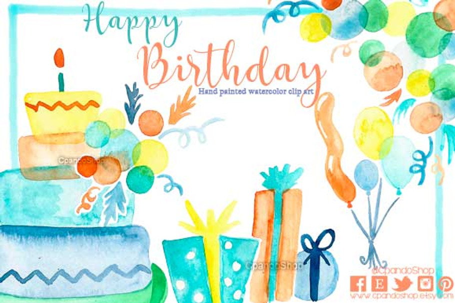 Birthday watercolor clip art in Illustrations - product preview 8