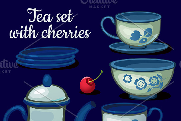Tea set of porcelain with cherries