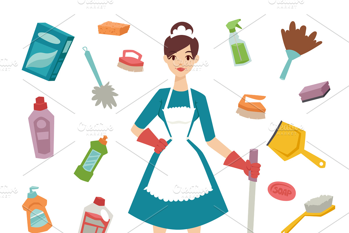 Housewife girl cleaning equipment in Illustrations - product preview 8