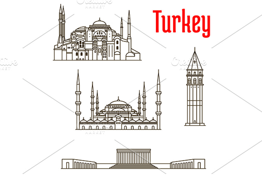 Turkey landmarks thin line icons