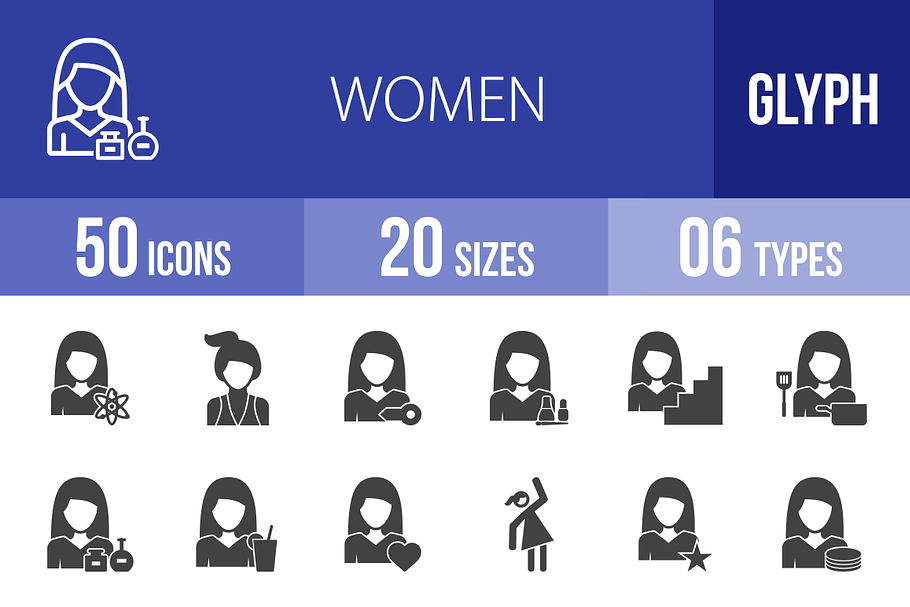 50 Women Glyph Icons in Graphics - product preview 8