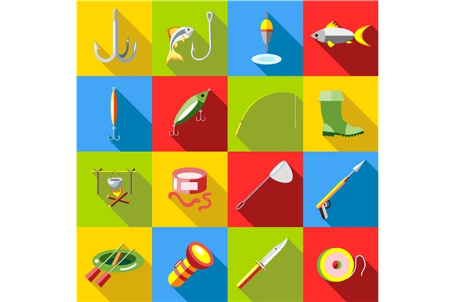 Fishing icon set, flat style in Graphics - product preview 8