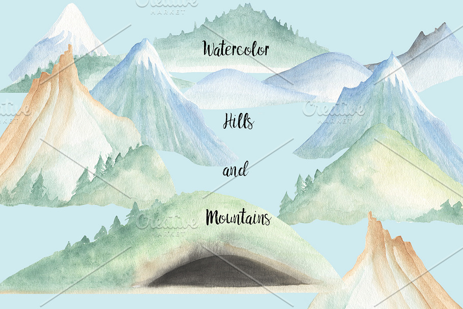 Watercolor mountains and hills in Illustrations - product preview 8