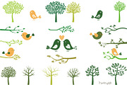 Green tree silhouettes and birds