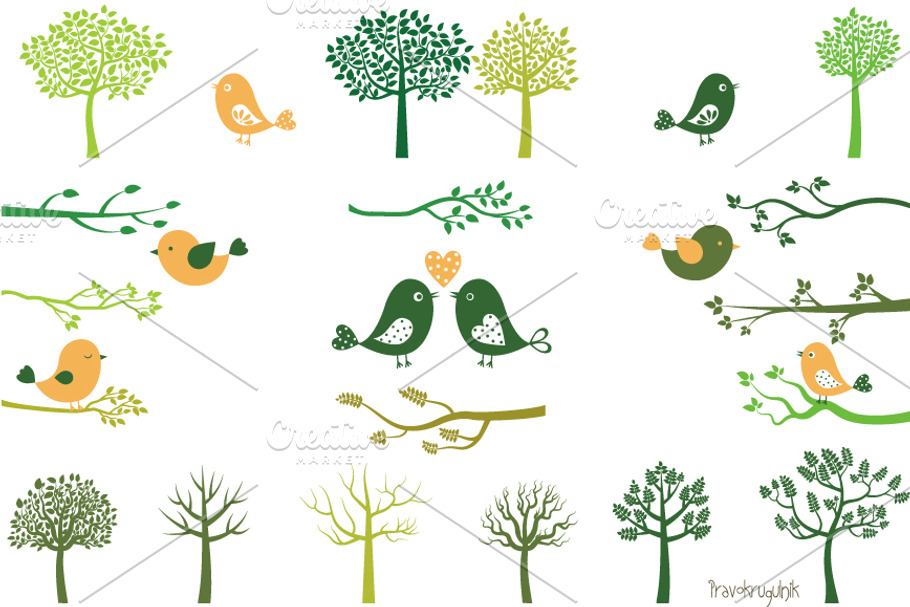 Green tree silhouettes and birds