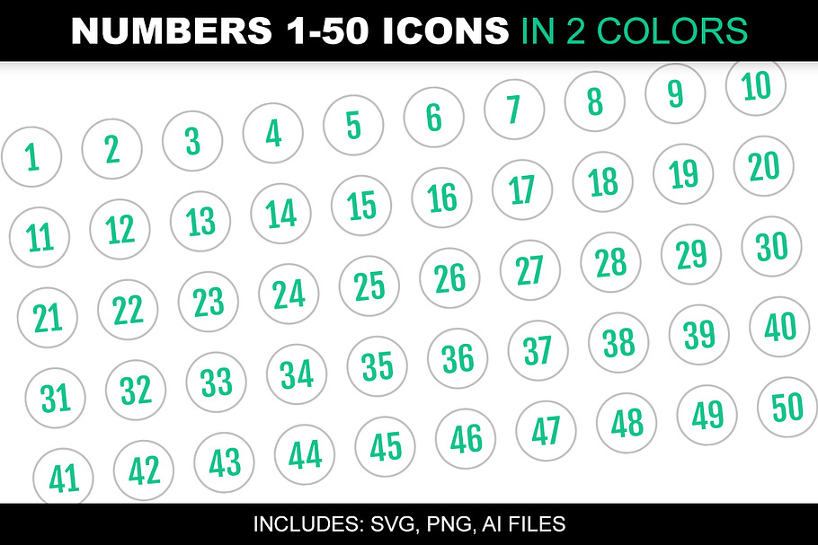 Number 1-50 Icons in 2 Green Colors