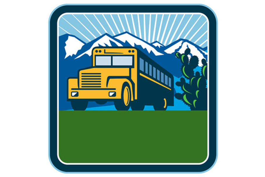 School Bus Cactus Mountains Square  in Illustrations - product preview 8
