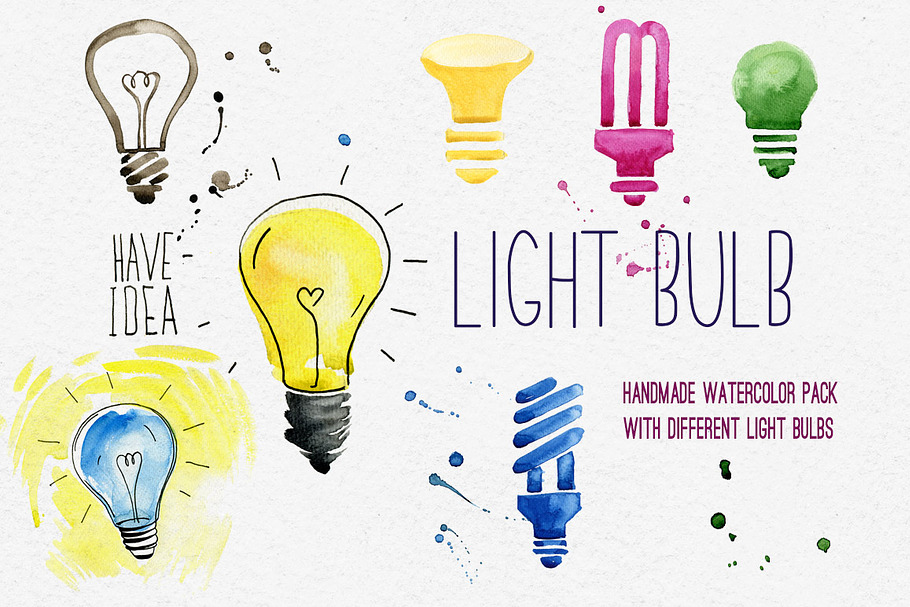 Layered watercolor light bulbs set in Objects - product preview 8