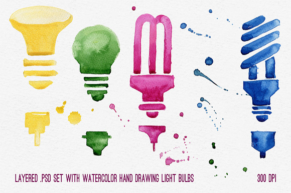 Layered watercolor light bulbs set in Objects - product preview 1