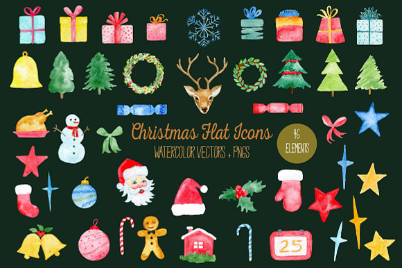 Watercolor Christmas Flat Icons in Illustrations - product preview 1