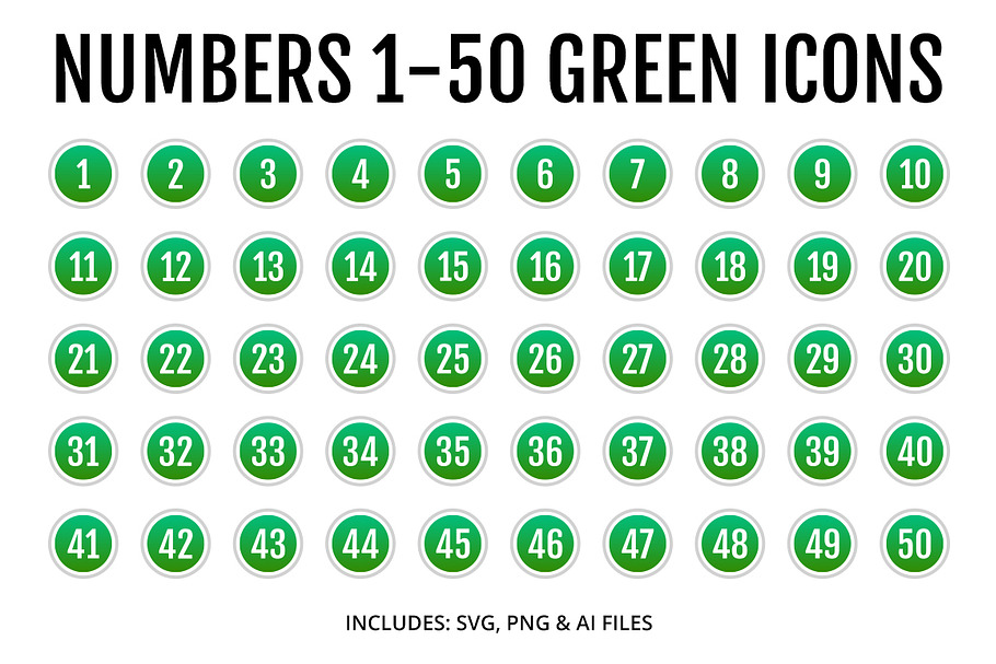 Numbers 1-50 Green Icons Style 2