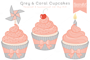 Grey & Coral Cupcake Clipart