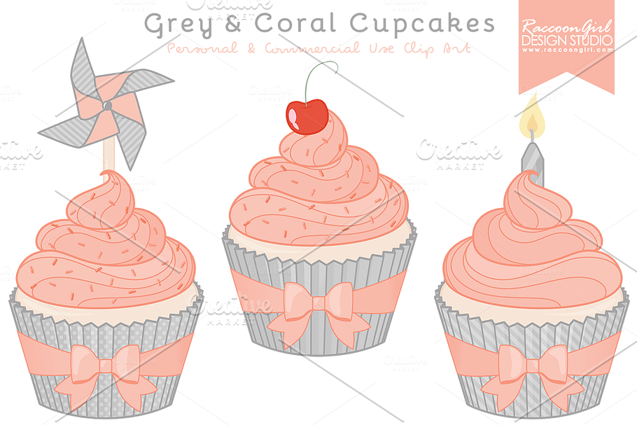 Grey & Coral Cupcake Clipart