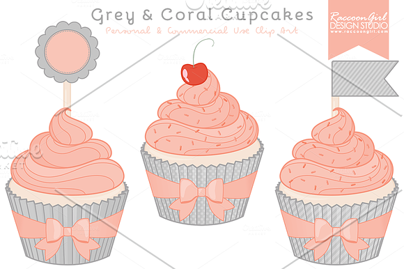 Grey & Coral Cupcake Clipart in Illustrations - product preview 1