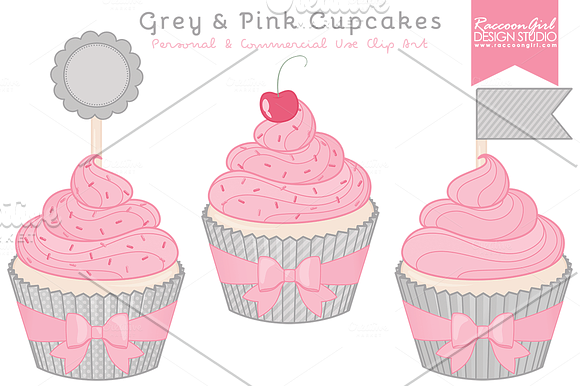 Grey & Pink Cupcake Clipart in Illustrations - product preview 1
