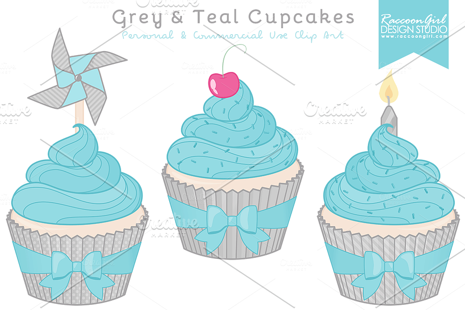 Grey & Teal Cupcake Clipart