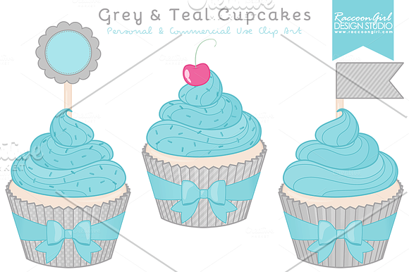 Grey & Teal Cupcake Clipart in Illustrations - product preview 1