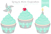 Grey & Mint Cupcake Clipart