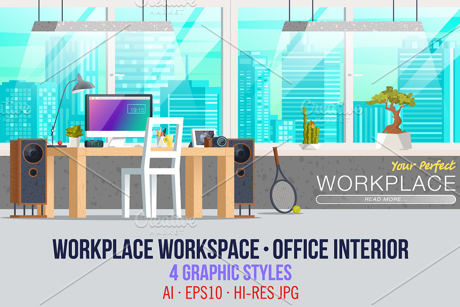 Office Workplace Interior in Illustrations - product preview 8