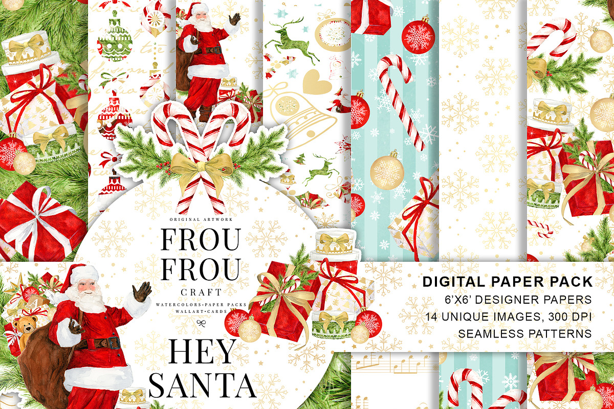 Santa Watercolor Digital Paper Pack in Patterns - product preview 8