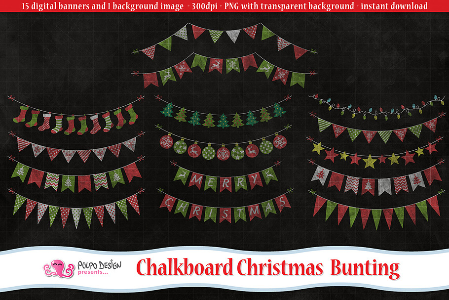 Chalkboard Christmas Bunting clipart in Objects - product preview 8