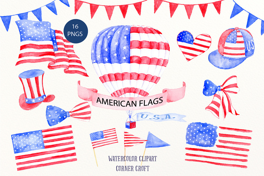 Watercolor American Flags