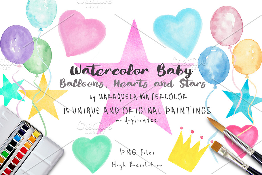 Watercolor Baby Balloons,Heart,Stars