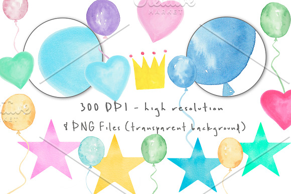 Watercolor Baby Balloons,Heart,Stars in Illustrations - product preview 1
