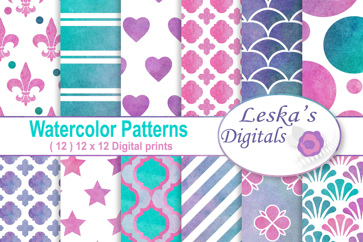 Watercolor Digital Paper Patterns in Patterns - product preview 8