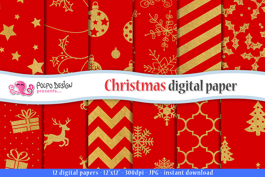 Red and Gold Christmas digital paper